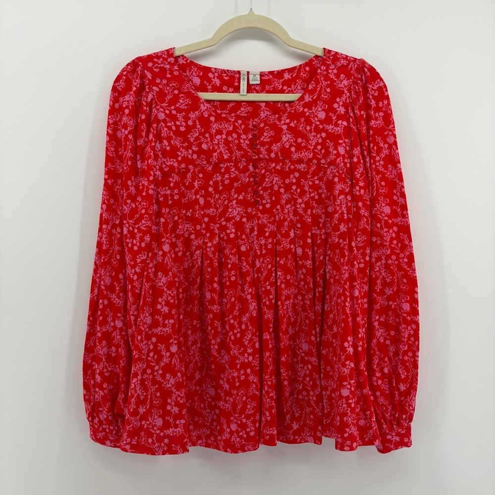 Cato Women's Red Pink Floral Print Long Sleeve Blouse Size Medium
